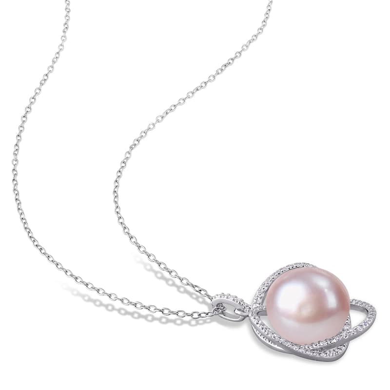 Miadora Sterling Silver Pink Cultured FW Pearl Interlaced Halo Necklace (12-13 mm)