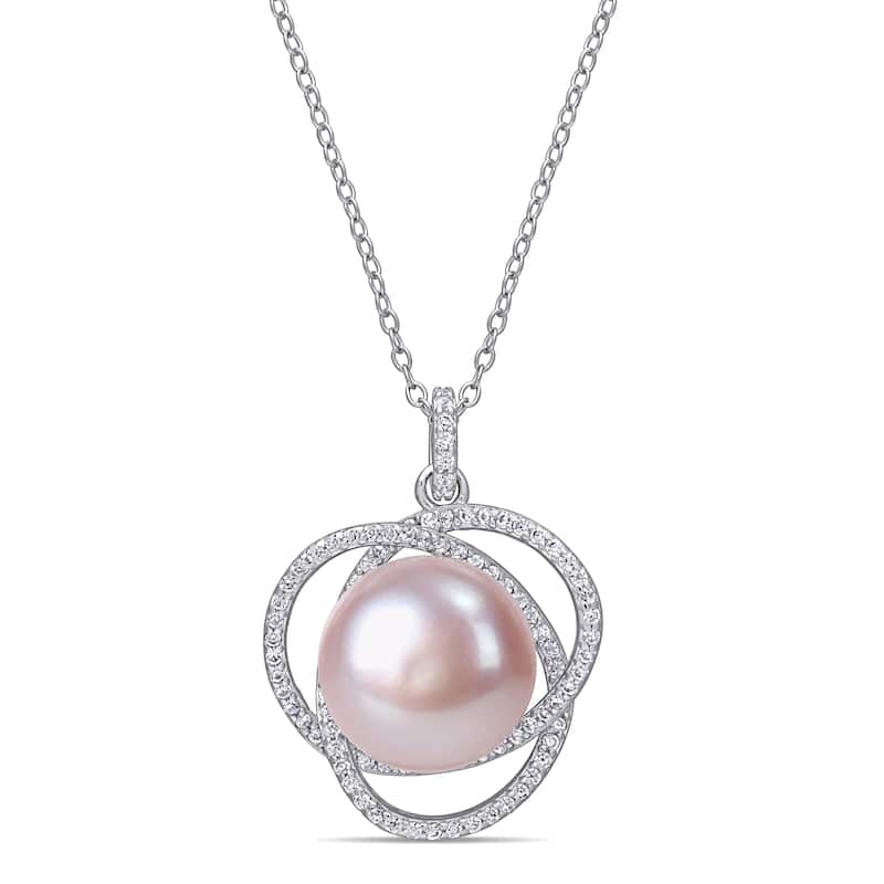 Miadora Sterling Silver Pink Cultured FW Pearl Interlaced Halo Necklace (12-13 mm)