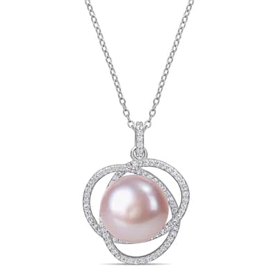 Miadora Sterling Silver Pink Cultured FW Pearl Interlaced Halo Necklace (12-13 mm)