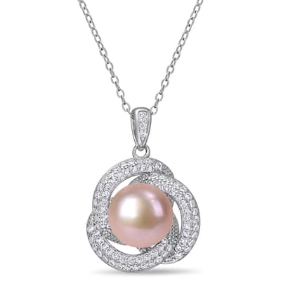 Miadora Sterling Silver Pink Cultured FW Pearl and CZ Swirl Halo Necklace (10-11 mm)