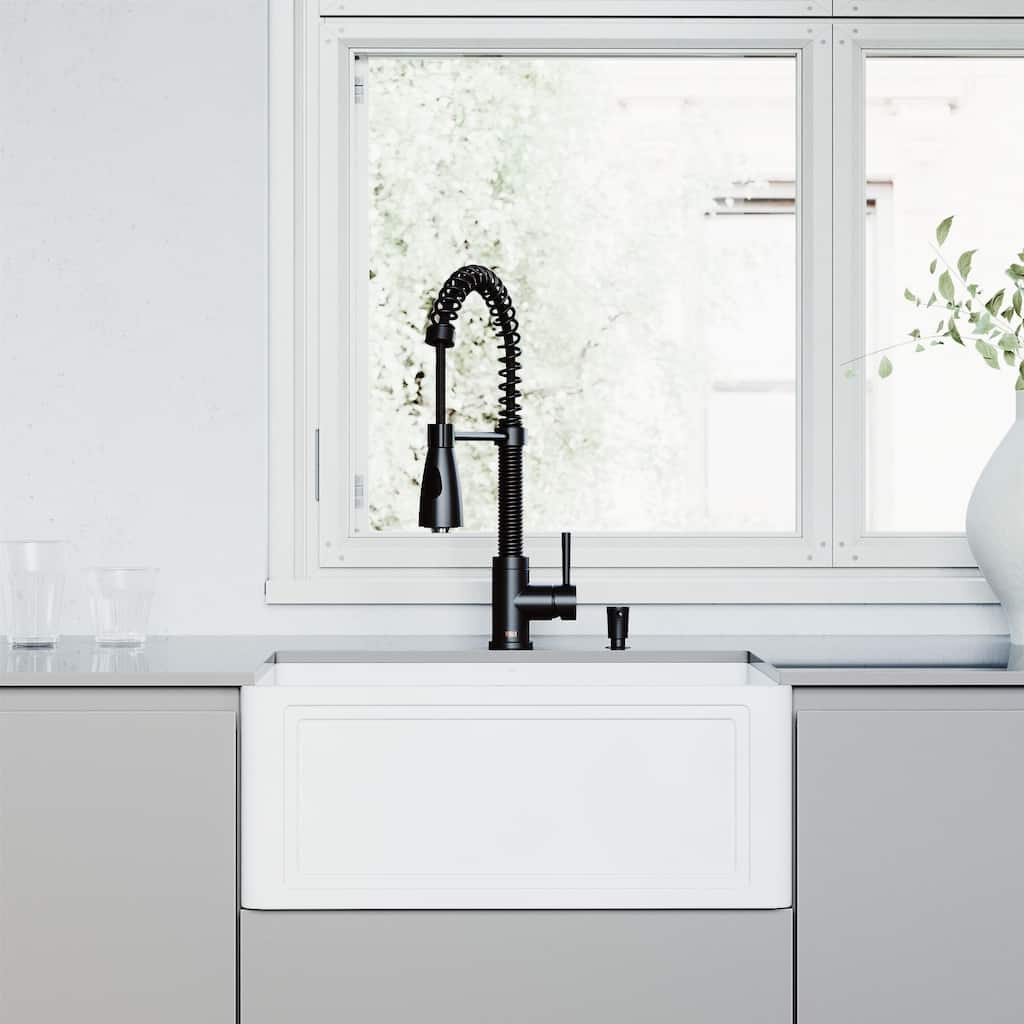 VIGO 24-inch Crown Apron Front Matte StoneTM Farmhouse Sink and Brant Pull-Down Faucet in Matte Black