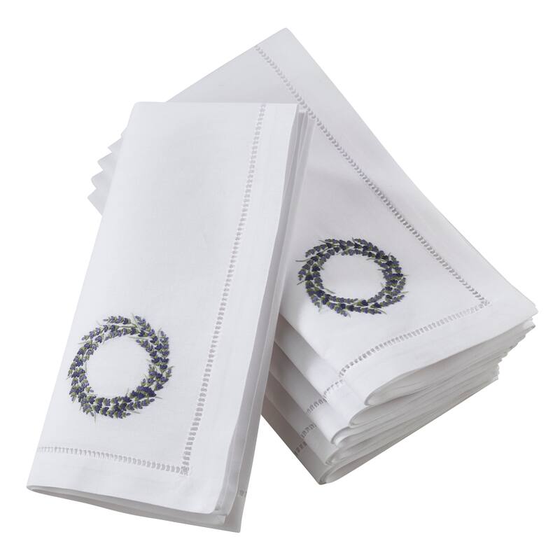 Table Napkins With Hemstitch Border And Lavender Wreath Embroidery (Set of 6)