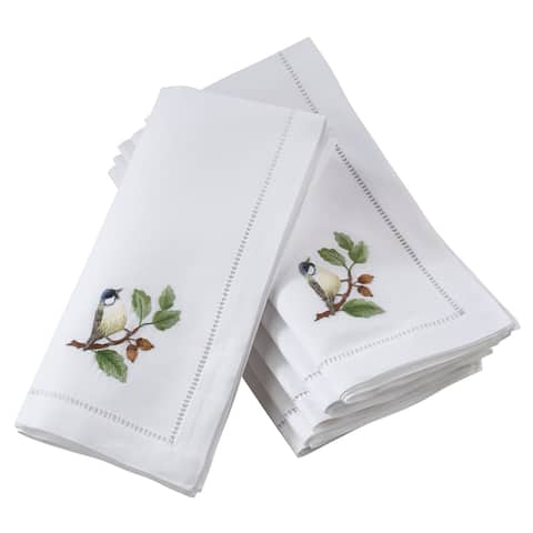 Saro Lifestyle Hemstitch Border Bluebird Embroidery White Cotton Napkins (Set of 6)
