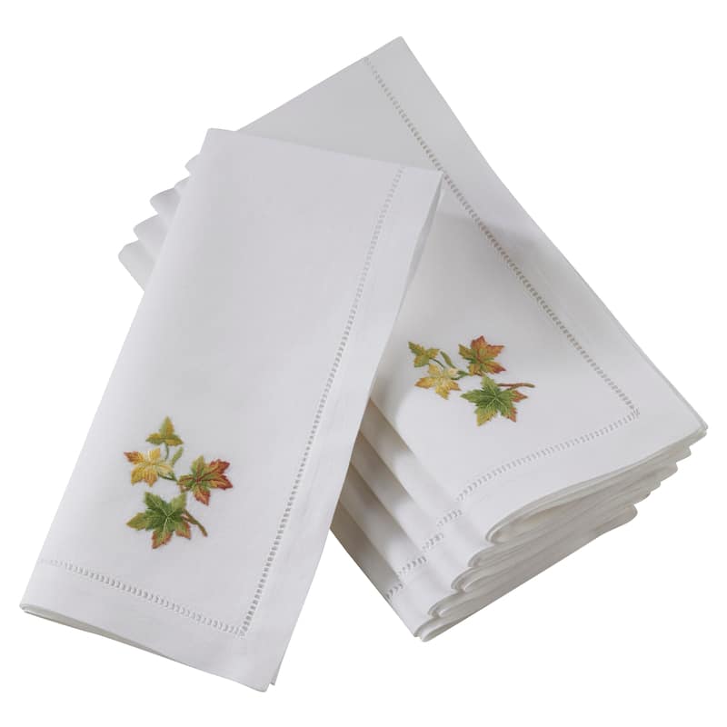 Hemstitch Table Napkins With Embroidered Fall Leaf Design (Set of 6)