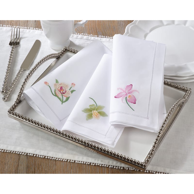 Hemstitch Table Napkins With Pink Orchid Embroidery (Set of 6)