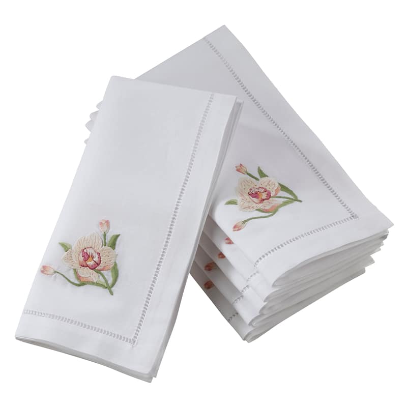 Hemstitch Table Napkins With Pink Orchid Embroidery (Set of 6)