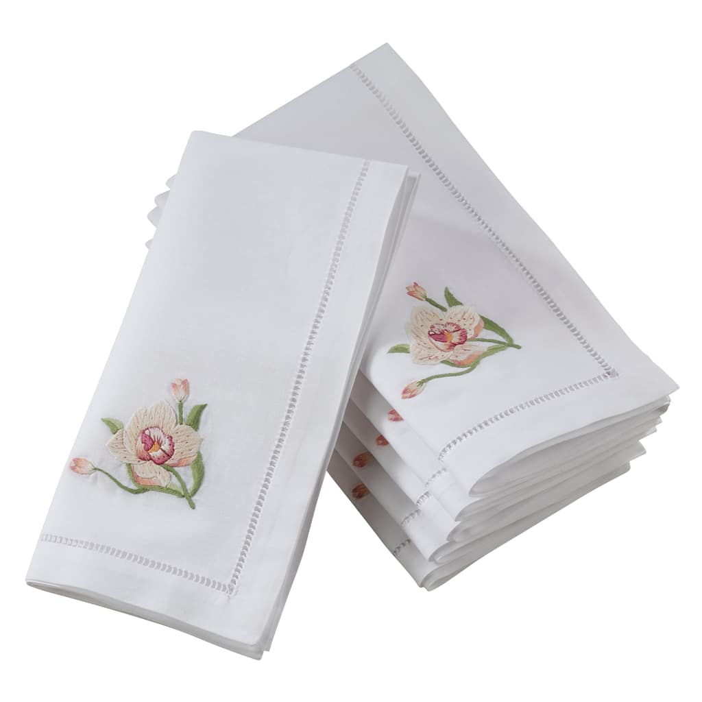 Hemstitch Table Napkins With Pink Orchid Embroidery (Set of 6)