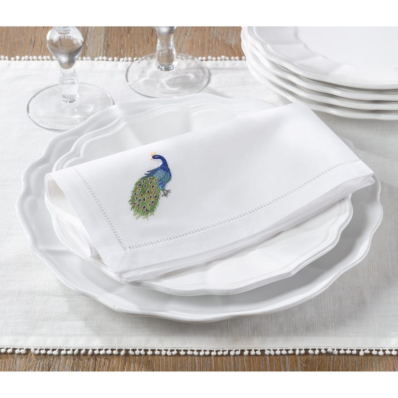 Hemstitch Border Cotton Napkins With Peacock Embroidery (Set of 6)