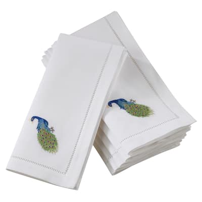 Hemstitch Border Cotton Napkins With Peacock Embroidery (Set of 6)