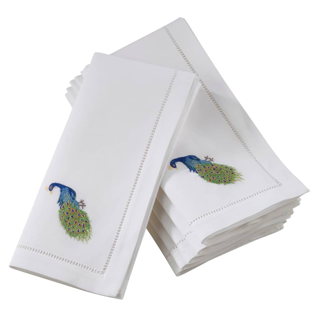 Hemstitch Border Cotton Napkins With Peacock Embroidery (Set of 6)