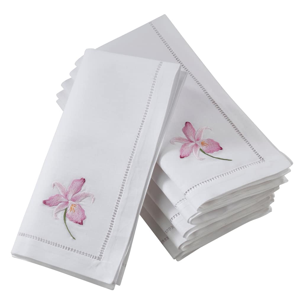 Hemstitch Border Cotton Napkins With Fuchsia Embroidery (Set of 6)