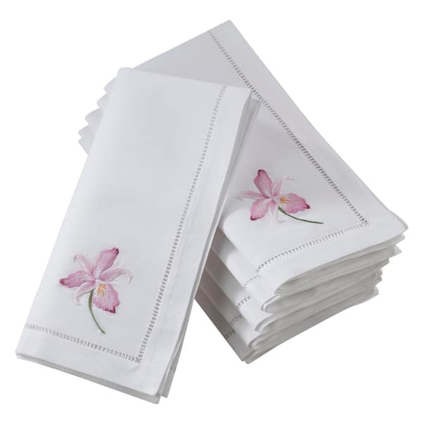 slide 2 of 4, Hemstitch Border Cotton Napkins With Fuchsia Embroidery (Set of 6)