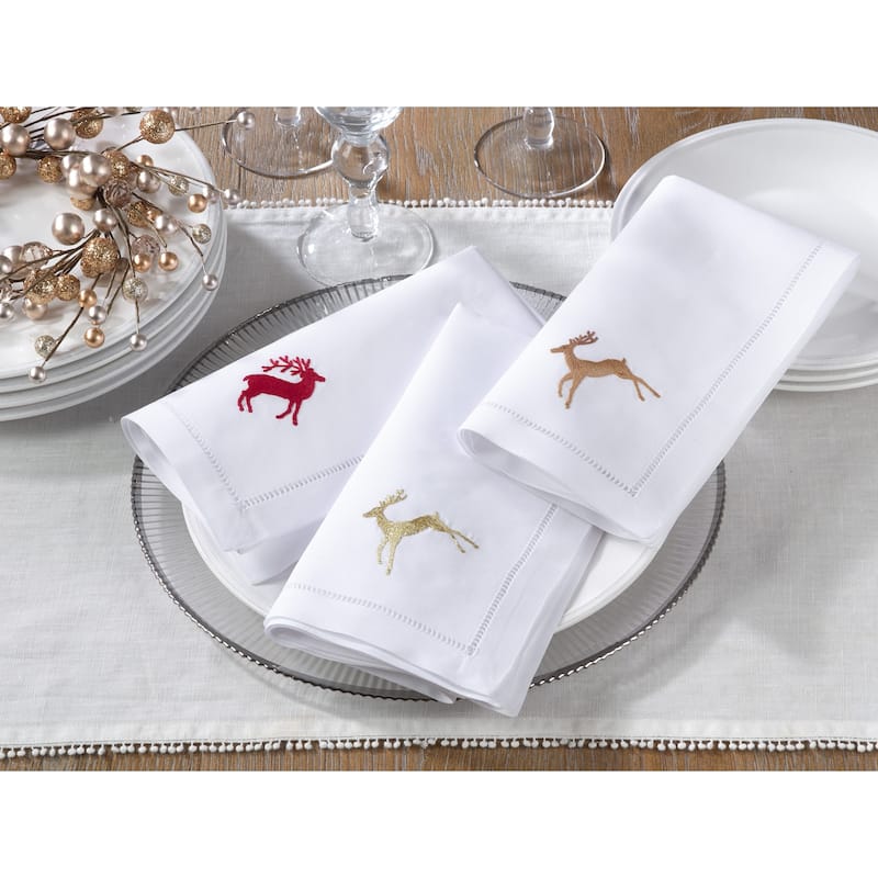 Hemstitch Napkins With Embroidered Red Reindeer Design