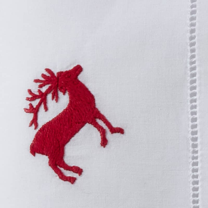 Hemstitch Napkins With Embroidered Red Reindeer Design