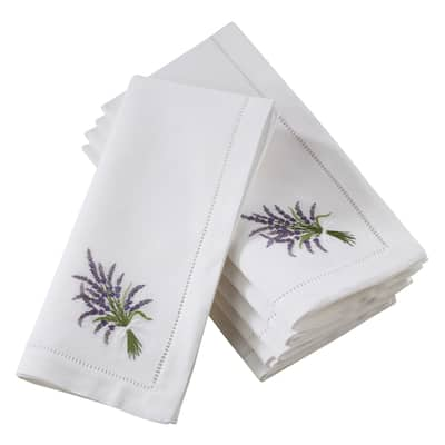 Table Napkins With Hemstitch Border And Lavender Embroidery (Set of 6)