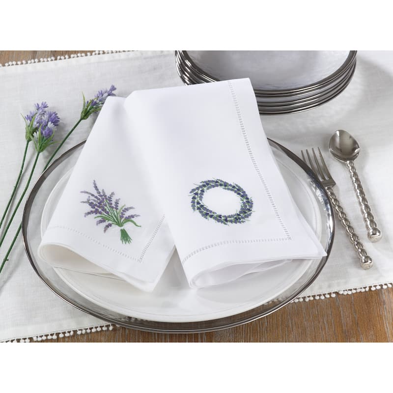 Table Napkins With Hemstitch Border And Lavender Embroidery (Set of 6)