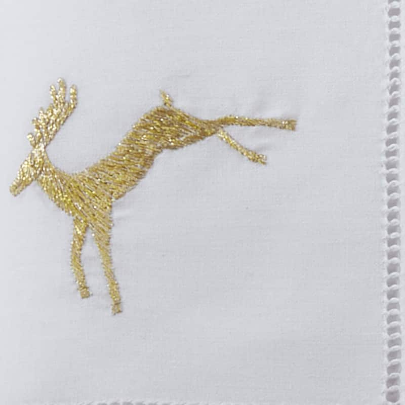 Hemstitch Napkins With Embroidered Gold Reindeer Design