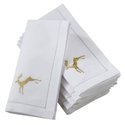 Hemstitch Napkins With Embroidered Gold Reindeer Design