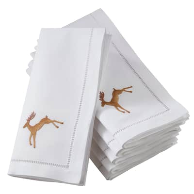 Hemstitch Napkins With Embroidered Brown Reindeer Design