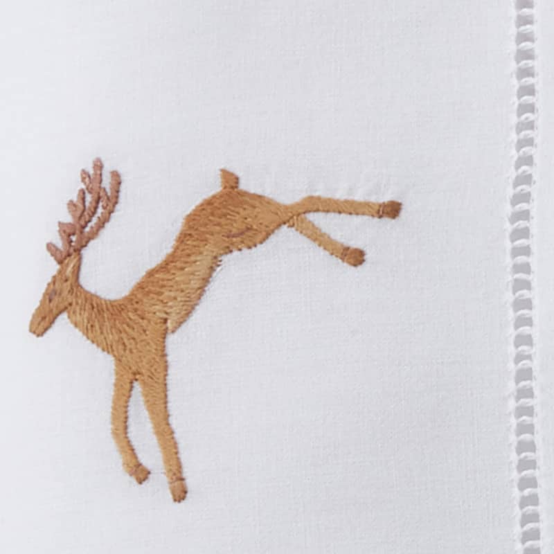 Hemstitch Napkins With Embroidered Brown Reindeer Design