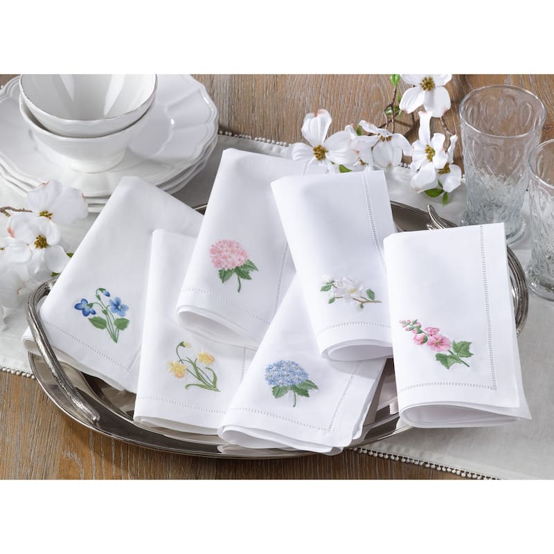 Hemstitch Cotton Napkins With Violet Embroidery (set of 6)