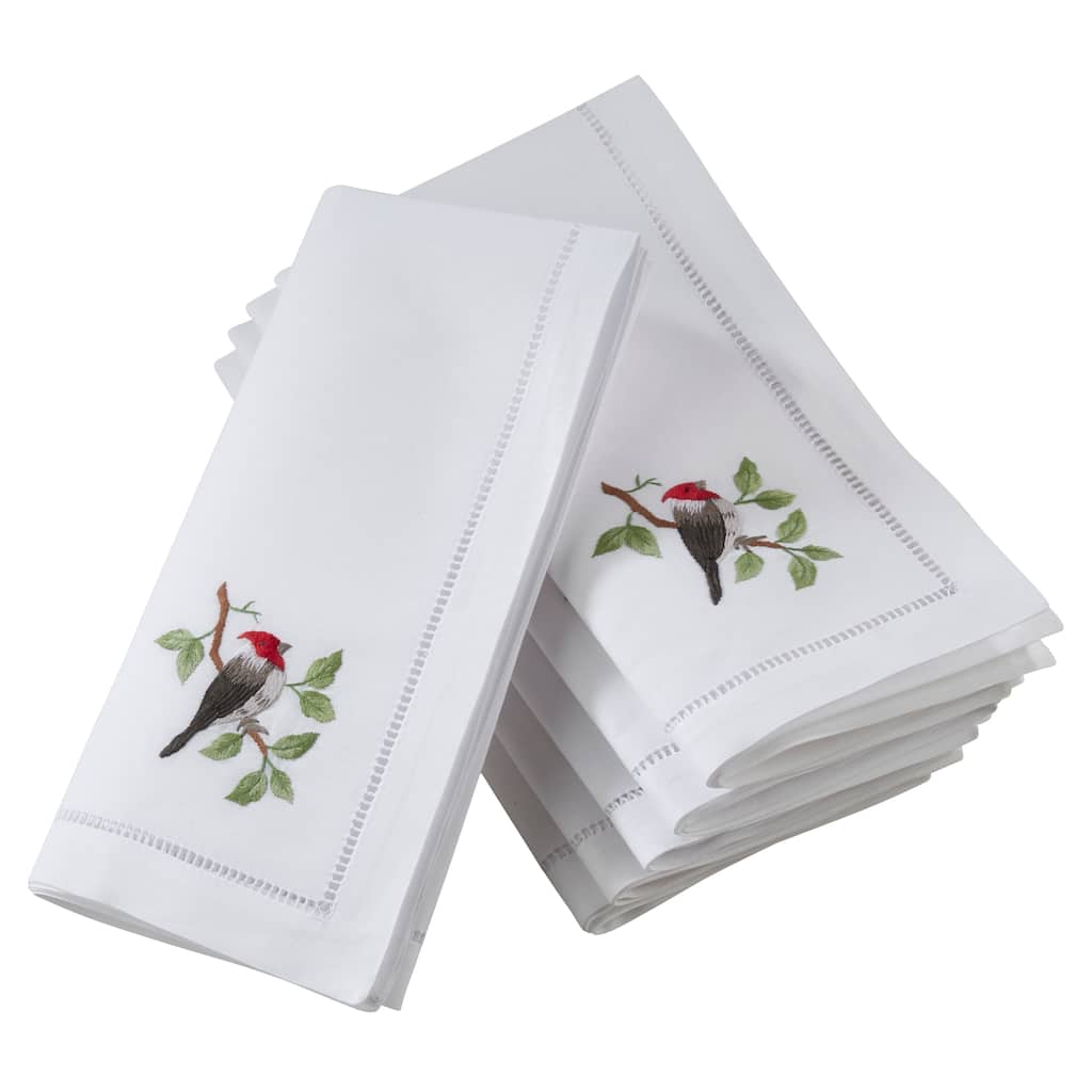 Woodpecker Embroidery Cotton Napkins With Hemstitch Border (Set of 6)