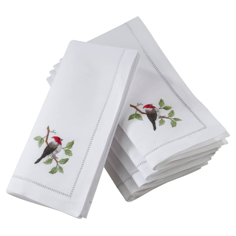 Woodpecker Embroidery Cotton Napkins With Hemstitch Border (Set of 6)
