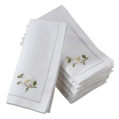 Hemstitch Cotton Napkins With Magnolia Embroidery (Set of 6)