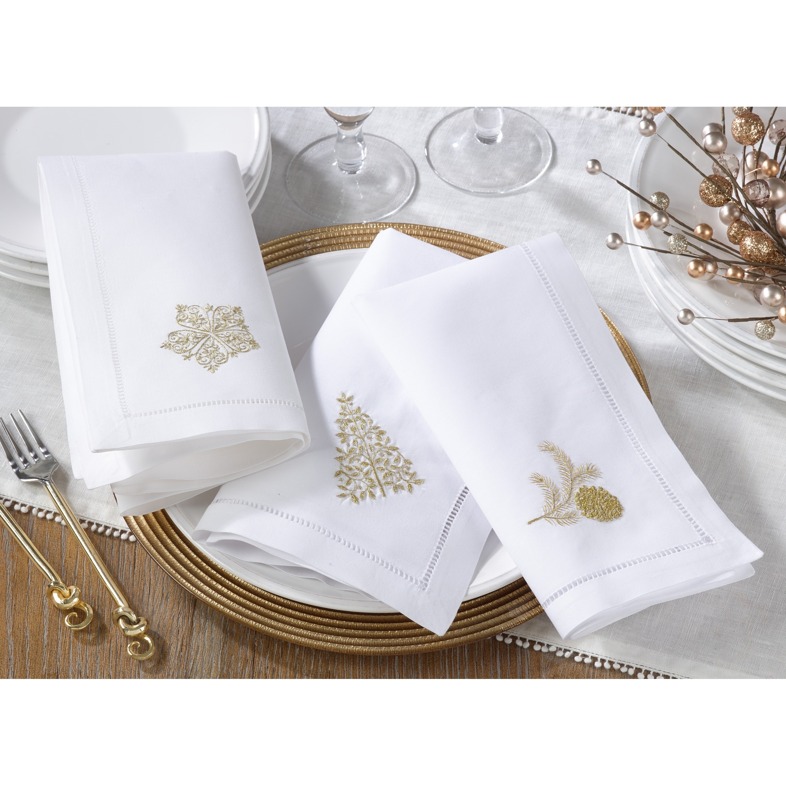 Embroidered Pine Cone Design Hemstitch Table Napkins (Set of 6)