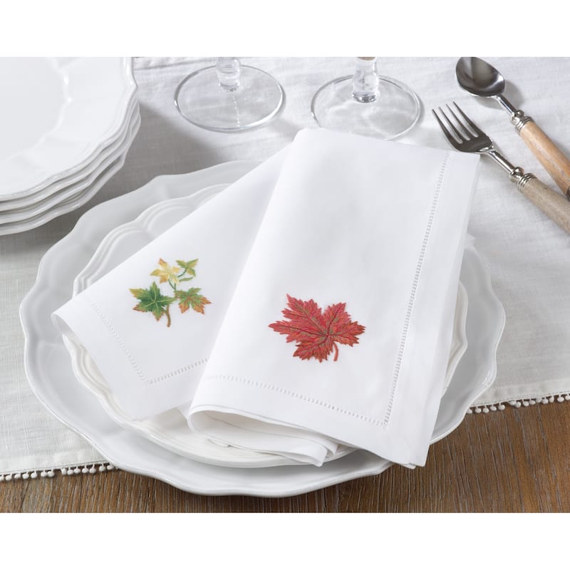 Hemstitch Table Napkins With Embroidered Autumn Leaf Design (Set of 6)