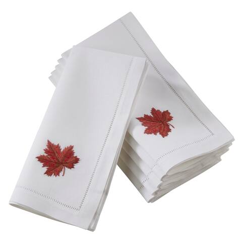 Saro Lifestyle White Cotton Hemstitch Embroidered Autumn Leaf Table Napkins (Set of 6)