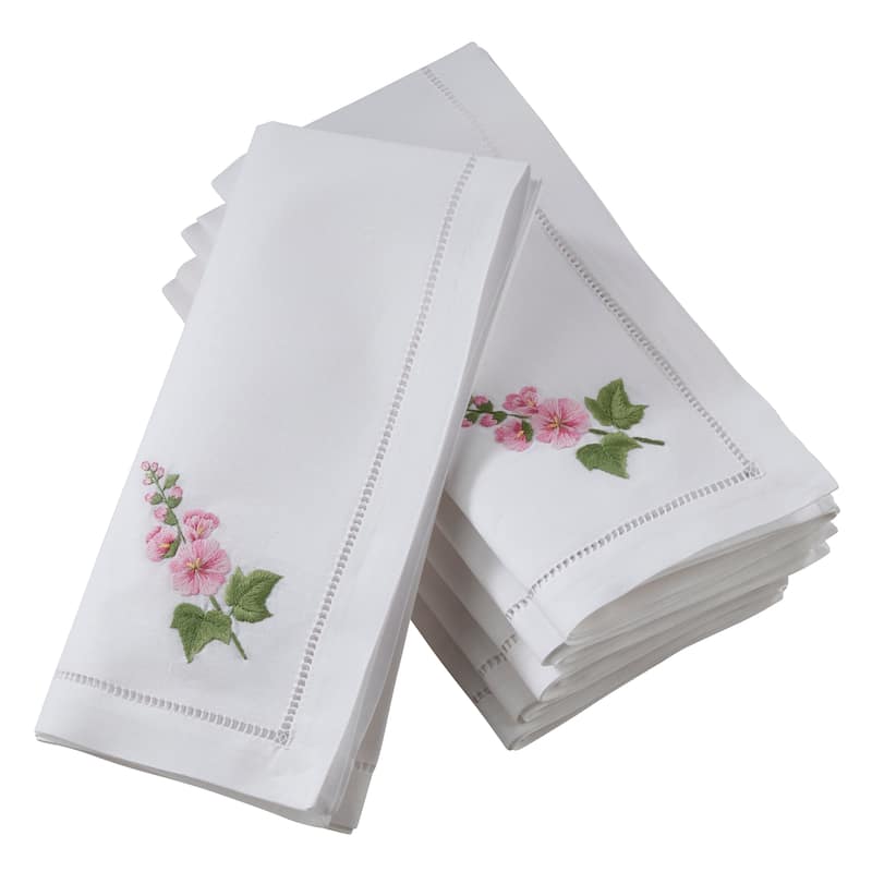 Hemstitch Cotton Napkins With Hollyhock Embroidery (set of 6)