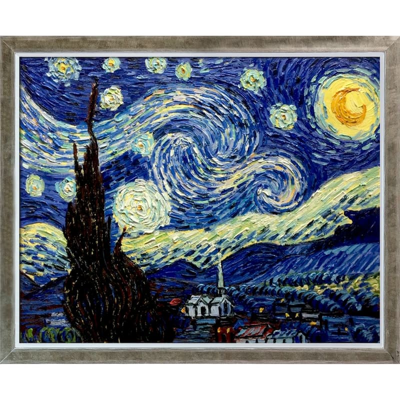 La Pastiche Vincent Van Gogh 'Starry Night' Hand Painted Oil Reproduction - Wood - White/Champagne