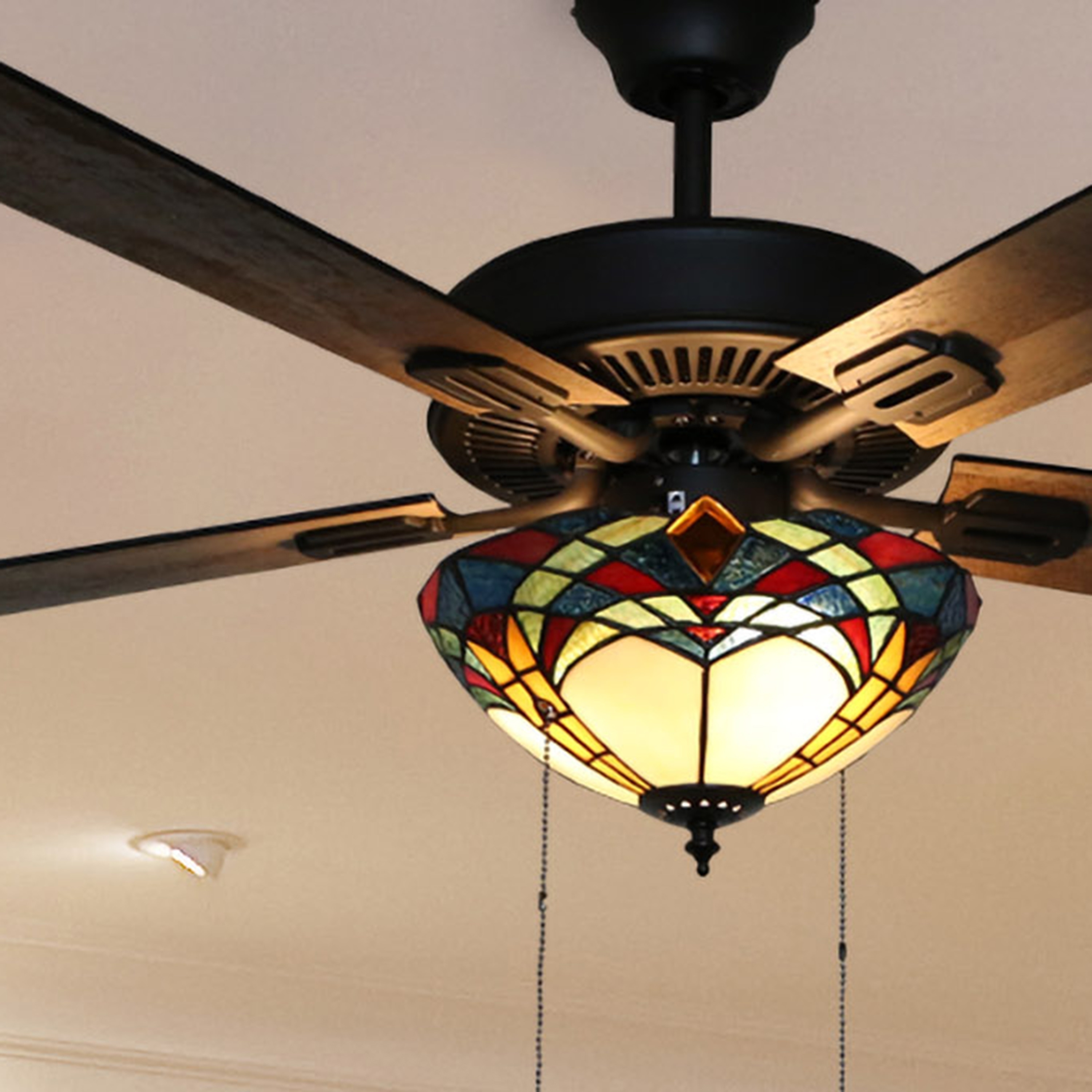 Copper Grove Thionville 5 Blade Bronze And Stained Glass Ceiling Fan With Remote Control 52 L X 52 W X 20 H