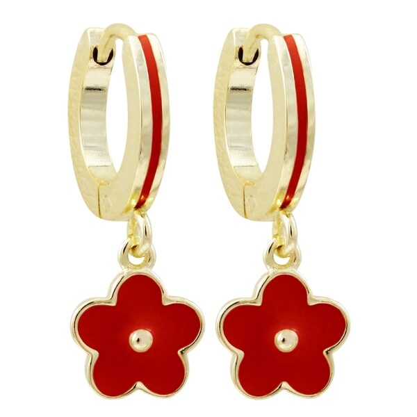Luxiro Gold Finish Enamel Girls's Dangling Flower Huggie Earrings