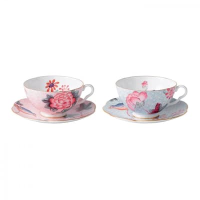 Wedgwood Cuckoo Pink and Blue Fine Bone China Teacups and Saucers (Set of 2)