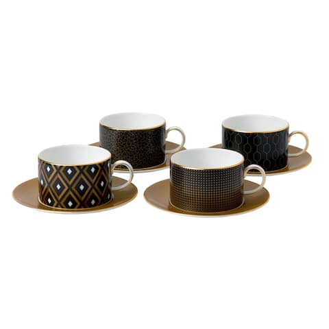 Gio Gold Fine Bone China Accent Teacups and Saucers (Set of 4)