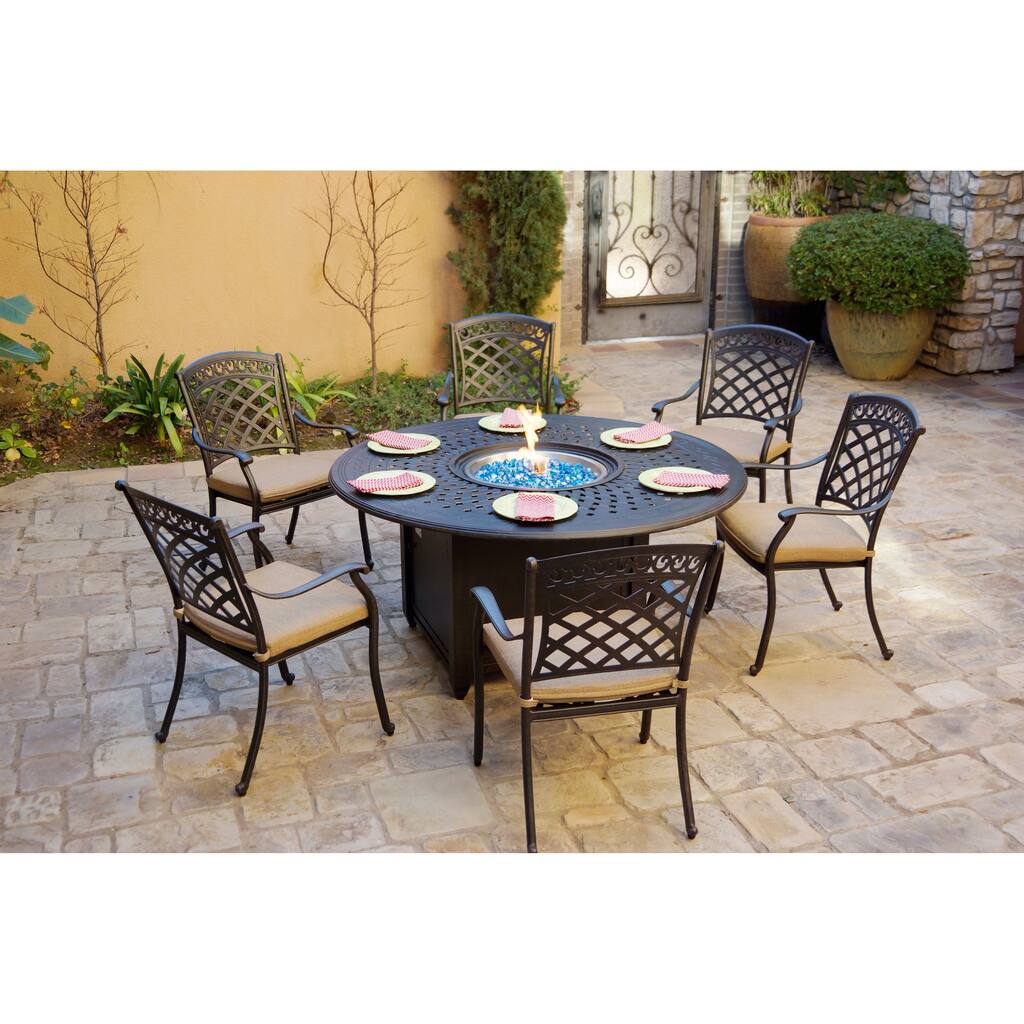 7-Piece Patio Fire Pit Dining Set, 60 Inch Round Propane Table with Fireglass.
