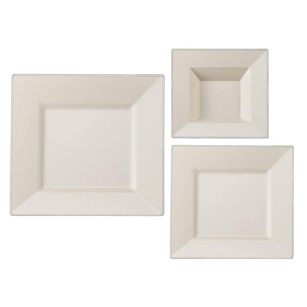 TTG 75-Piece Plastic Dinnerware Set, Square Collection, (25) Dinner Plates, (25) Salad Plates & (25) Bowl(Silver Ivory)