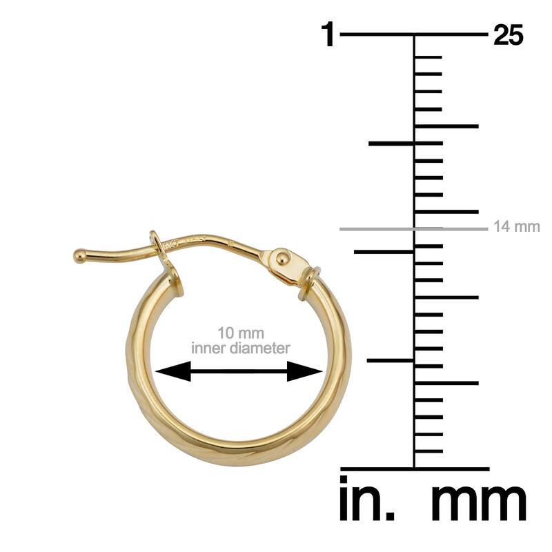 14k Yellow Gold 3.5x10 millimeter Textured Huggie Hoop Earrings