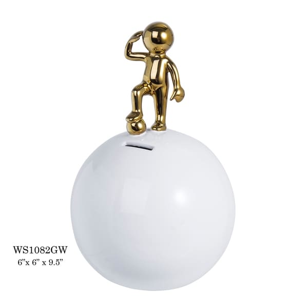 Porcelain Silo Coin Bank in White Finish and Polished Gold Accents - 4.5" Diameter x 10"H. Opens flyout.