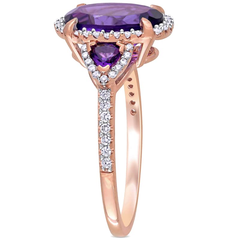 Miadora 14k Rose Gold African-Amethyst and 1/4ct TDW Diamond 3-Stone Halo Ring
