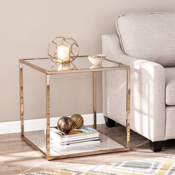 Silver Orchid Hinding Champagne Bronze Faux Marble/Glass End Table