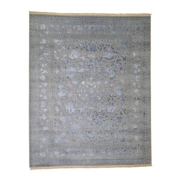 Shahbanu Rugs Silver Wash Kashan Design Half Wool Half Silk Hand Knotted Rug (8'0" x 9'10") - 8'0" x 9'10"