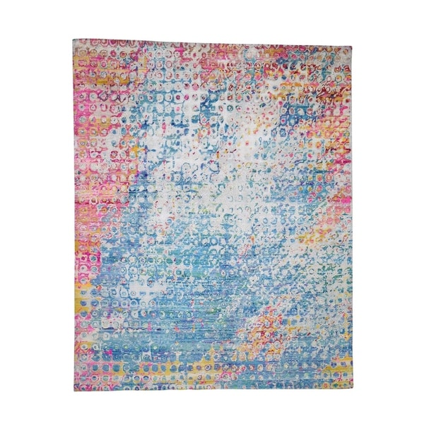 Shahbanu Rugs THE PEACOCK Sari Silk Colorful Hand-Knotted Oriental Rug (8'1" x 10'0") - 8'1" x 10'0"
