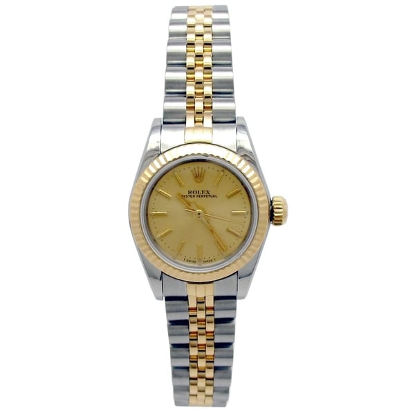 Pre-owned 24mm Rolex 18k Yellow Gold and Stainless Steel Osyter Perpetual Watch with Champagne Dial