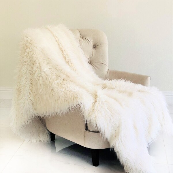 Plutus Off White Mongolian Faux Fur Luxury Throw On Sale Bed