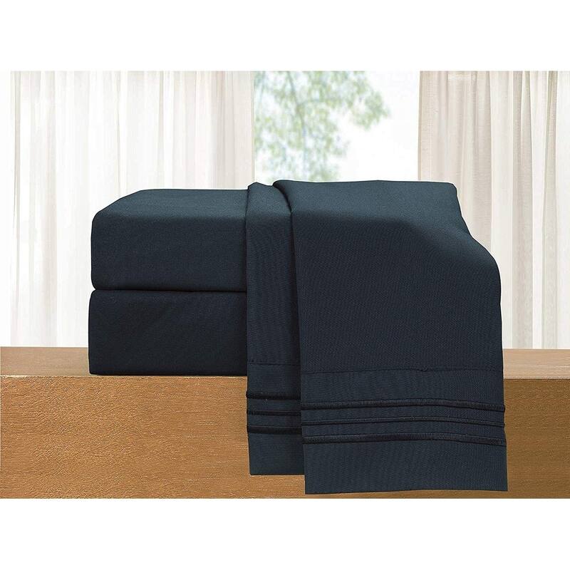 Elegant Comfort 4-Piece Cozy Soft 3-Line Bed Sheet Set with Deep Pockets - King - Black