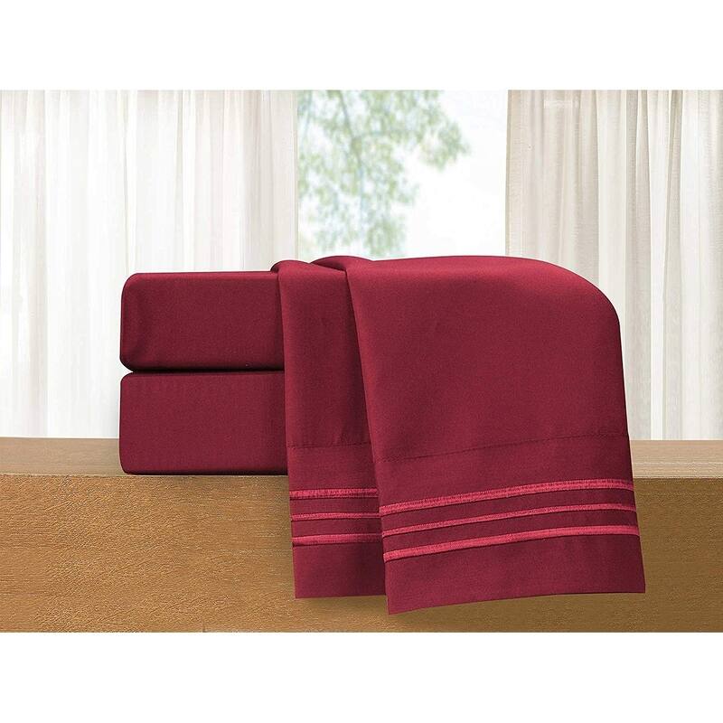 Elegant Comfort 4-Piece Cozy Soft 3-Line Bed Sheet Set with Deep Pockets - Queen - Burgundy