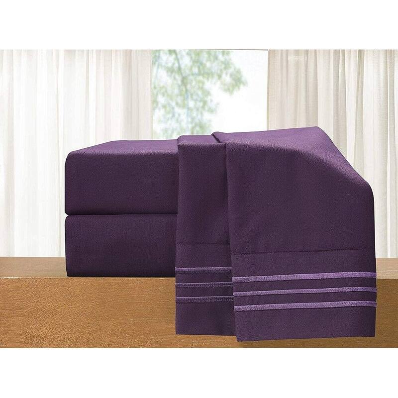 Elegant Comfort 4-Piece Cozy Soft 3-Line Bed Sheet Set with Deep Pockets - King - Purple